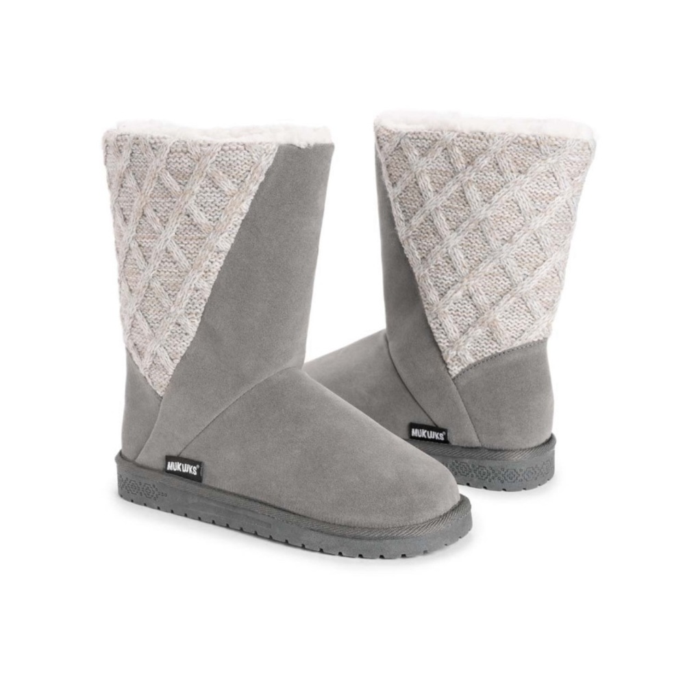 Muk Luks Gray Knit-Panel Faux-Suede Mid-Calf Boots